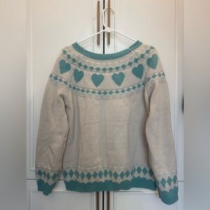 Heart Patterned Sweater - Cream and Teal